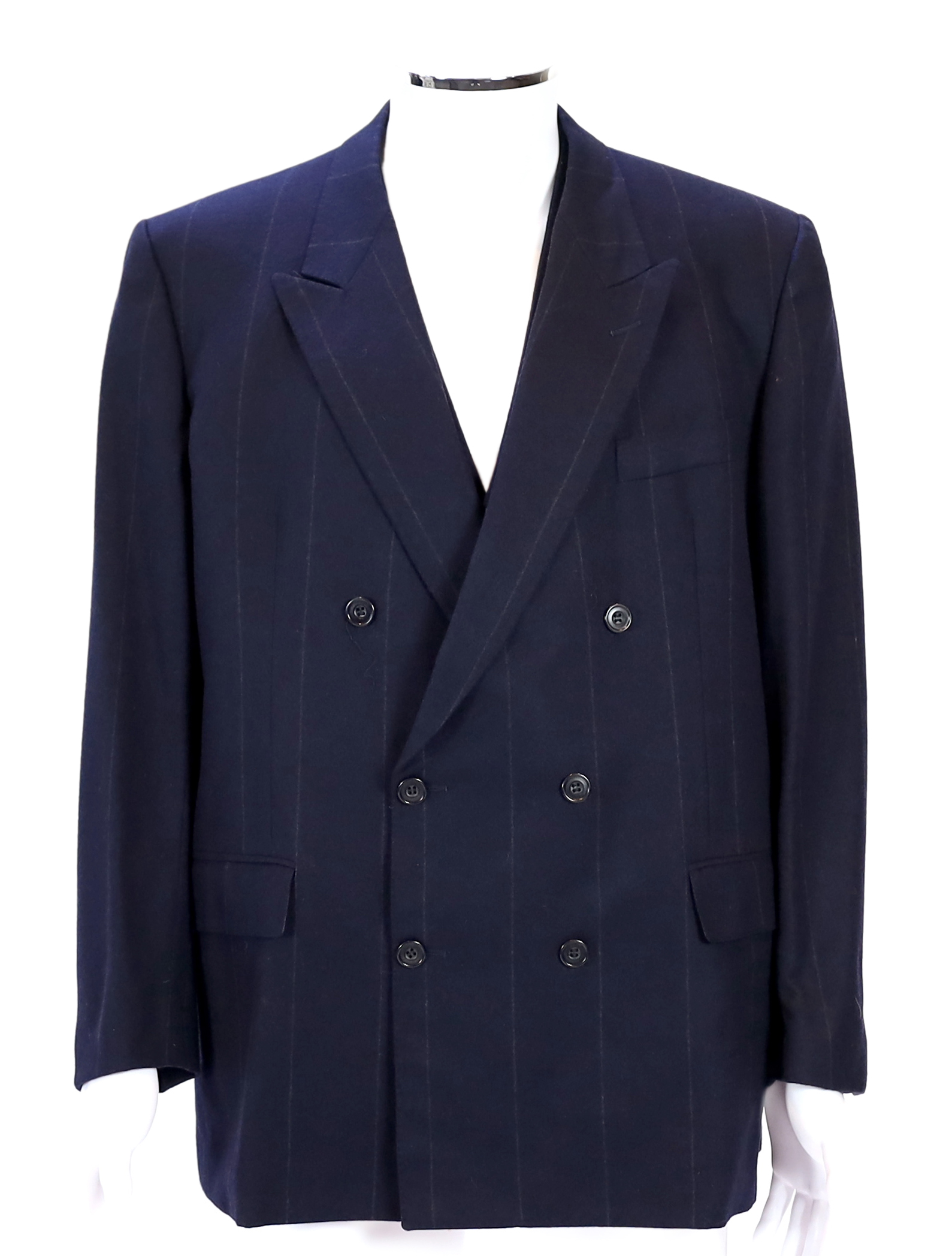 A Saint Laurent rive gauche gentlemen's navy chalk stripe three-piece double breasted wool suit, jacket 42